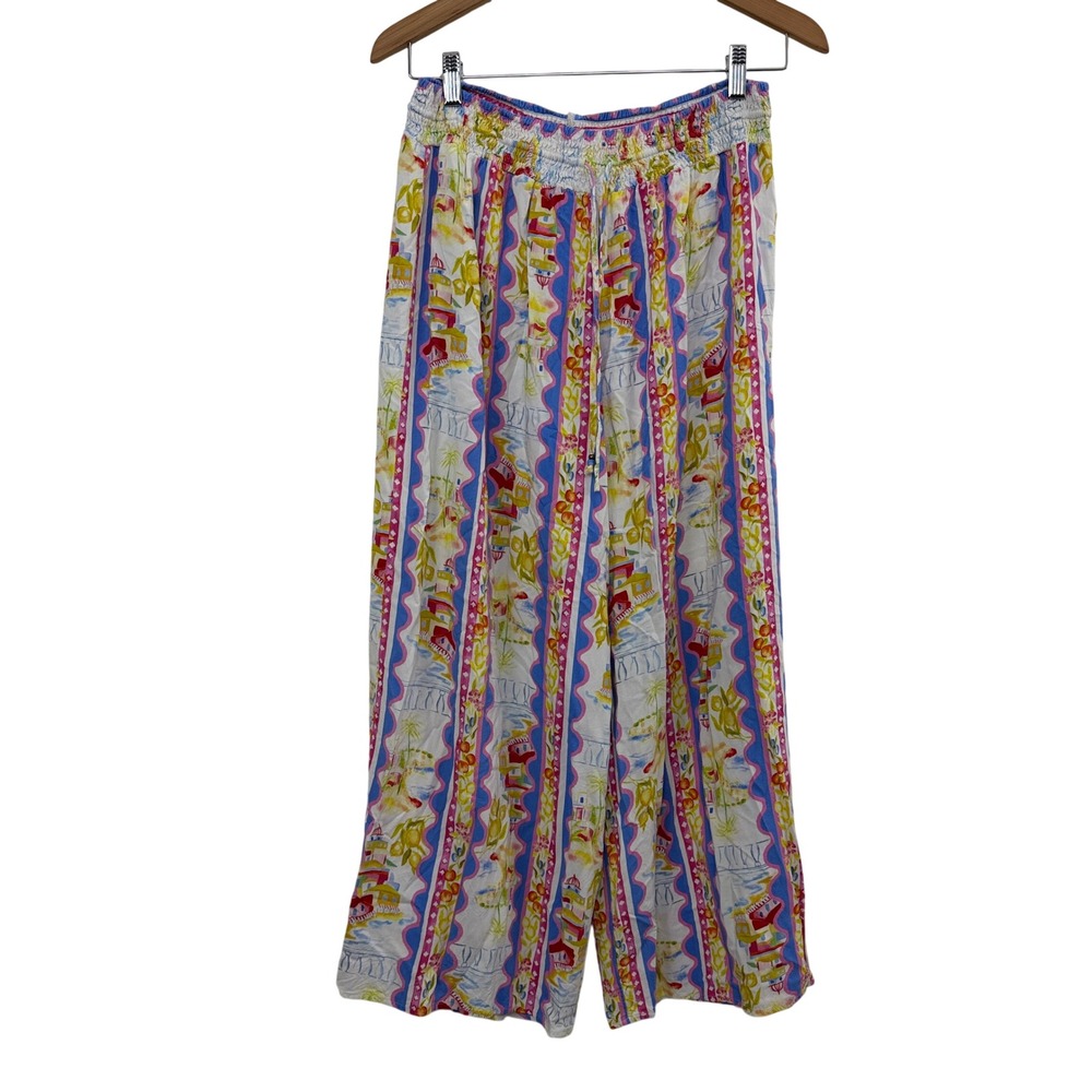 Label of Love Pants Womens Large Multi Coastal House Print Wide Leg Rayon Boho